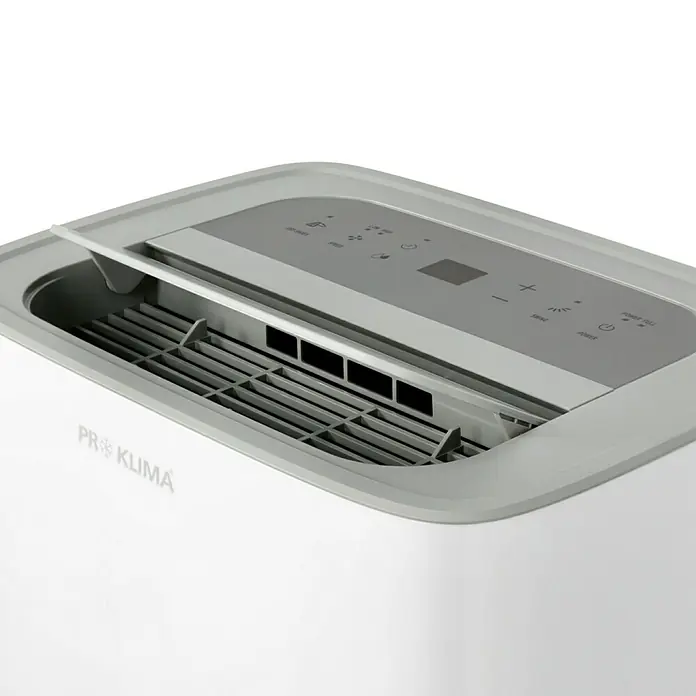 Voltomat Elektro-Luftentfeuchter mit Schuhtrockner - 520 W, Entfeuchtungsleistung: 30 l/Tag, L x B x H: 31,5 x 39,5 x 53,5 cm, Weiß, Grau - Nahaufnahme eines Pro Klima Klimageräts mit Fokus auf die Bedienelemente und das Design.