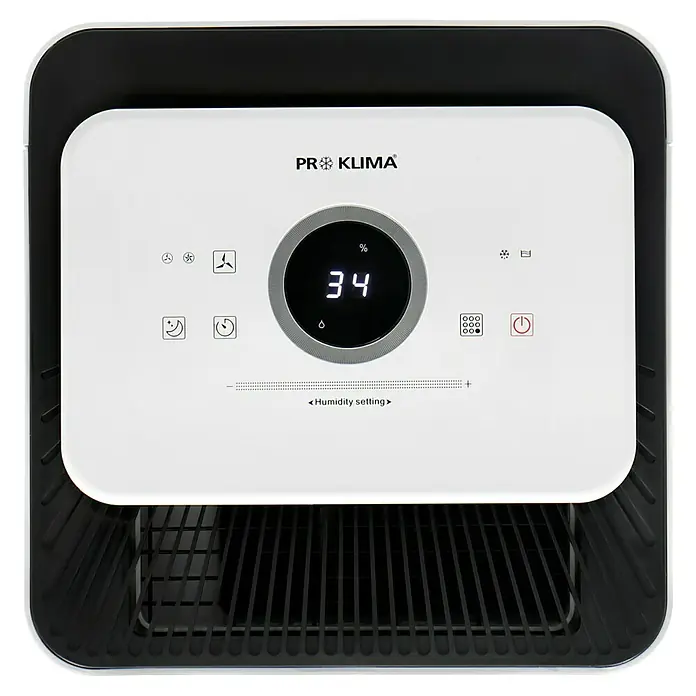 Proklima Luftentfeuchter - 400 W, Entfeuchtungsleistung: 20 l/Tag, L x B x H: 26,2 x 26,2 x 59 cm, Rollen - Nahaufnahme eines Pro Klima Luftentfeuchters mit digitaler Anzeige.