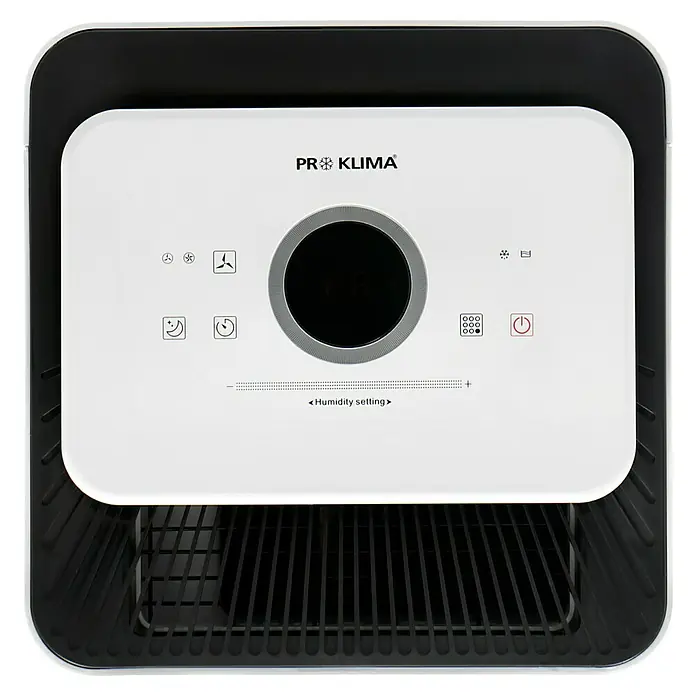 Proklima Luftentfeuchter - 400 W, Entfeuchtungsleistung: 20 l/Tag, L x B x H: 26,2 x 26,2 x 59 cm, Rollen - Aufnahme eines Luftentfeuchters von Pro Klima mit einem runden Display und verschiedenen Funktionsknöpfen.