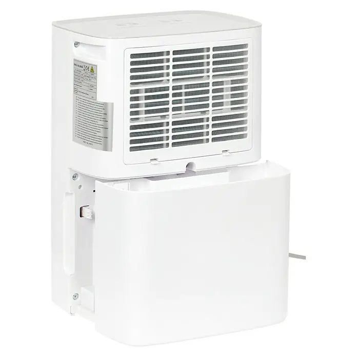 Voltomat Elektro-Luftentfeuchter - 205 W, Entfeuchtungsleistung: 10 l/Tag, L x B x H: 20,5 x 27 x 40,8 cm, Weiß - Weißer Luftentfeuchter mit herausgezogenem Wasserbehälter. Der Luftentfeuchter hat ein Raster auf der Rückseite für die Luftzirkulation.