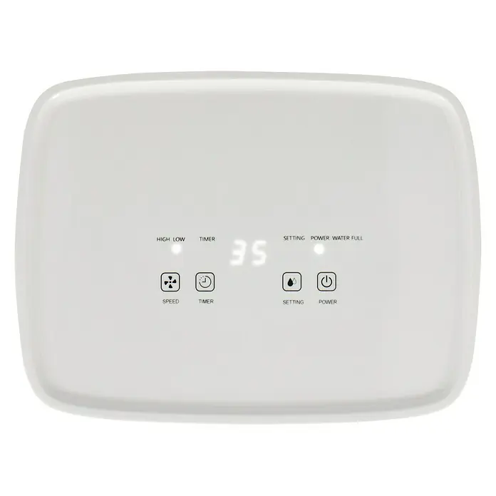 Voltomat Elektro-Luftentfeuchter - 205 W, Entfeuchtungsleistung: 10 l/Tag, L x B x H: 20,5 x 27 x 40,8 cm, Weiß - Nahaufnahme der Bedienoberfläche eines Luftentfeuchters mit verschiedenen Funktionsanzeigen und digitaler Anzeige.