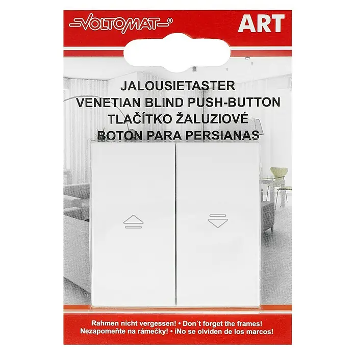 Voltomat ART Jalousietaster - Alpinweiß, Unterputzmontage, 10 A - Verpackung einer VOLTOMAT Jalousietaster-Einheit, die einen einfachen und modernen Schalter zur Steuerung von Jalousien zeigt.