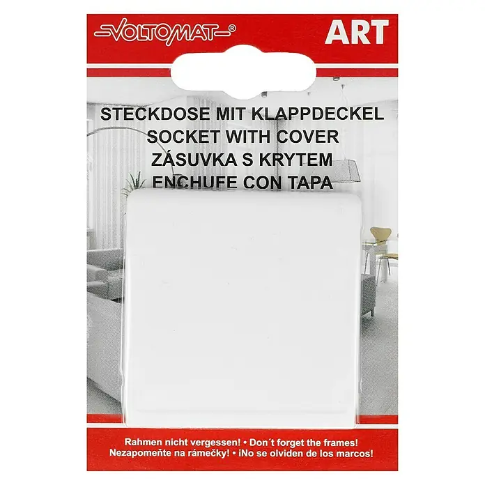 Voltomat ART Steckdose mit Deckel - Alpinweiß, 1-fach, Kunststoff, IP20 - Abbildung einer Voltomat Steckdose mit Klappdeckel, ideal für den Innenbereich. Praktische Lösung mit mehrsprachiger Beschriftung.