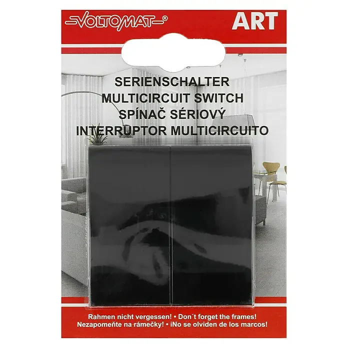 Voltomat ART Serienschalter - Schwarz, Kunststoff, 10 A - Verpackung eines VolTOMAT Serienschalters/Mehrfachschalters in Schwarz, erhältlich im Baumarkt. Hinweis: Rahmen nicht vergessen!