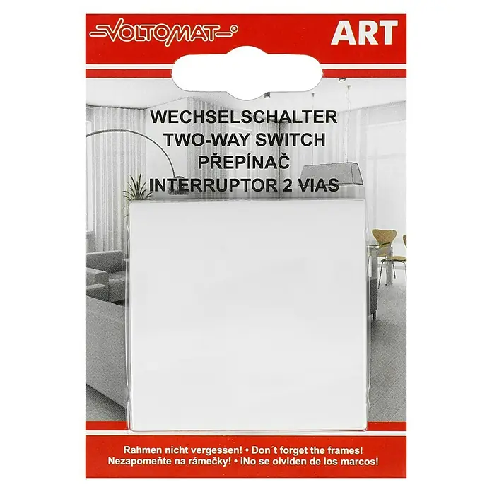Voltomat ART Wechselschalter - Alpinweiß, Unterputzmontage, 10 A - Bild einer Verpackung mit einem VOLTOMAT Zwei-Wege-Schalter, ideal für die Hausinstallation.
