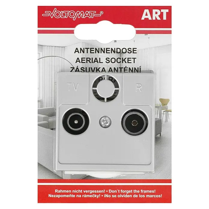 Voltomat ART Antennendose - Silber, 2-fach, Kunststoff - Das Bild zeigt eine Antennendose von VOLTOMAT, die für den Anschluss von TV- und Radiogeräten geeignet ist. Das Produkt ist in einer Blisterverpackung verpackt.