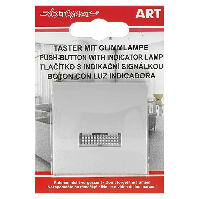 Voltomat ART Taster mit Glimmlampe - Silber, Kunststoff, 10 A - Abbildung eines VOLTOMAT-Tasters mit Glimmlampe, ein praktisches Element für jeden Haushalt mit mehrsprachiger Beschriftung.