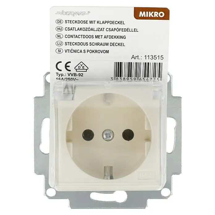 Voltomat MIKRO Steckdose mit Klappdeckel - Elektroweiß, Kunststoff, Unterputzmontage - Steckdose mit Klappdeckel der Marke Voltomat, Typ VVB-92, 16A/250V~. Für den Innenbereich geeignet.