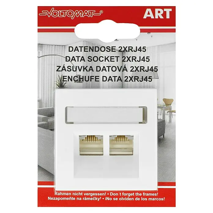 Voltomat ART UAE-Dose - Alpinweiß, 2-fach, Kunststoff - Produktverpackung einer Voltomat Datendose 2xRJ45, einer Netzwerksteckdose für den Anschluss von Geräten an ein lokales Netzwerk.