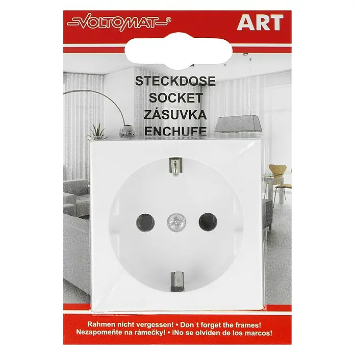 Voltomat ART Steckdose - Alpinweiß, 1-fach, Kunststoff, IP20 - Abbildung einer VOLTOMAT-Steckdose mit Schutzkontakt, zur Verwendung in Innenräumen. Einfache Installation mit Schraubklemmen.