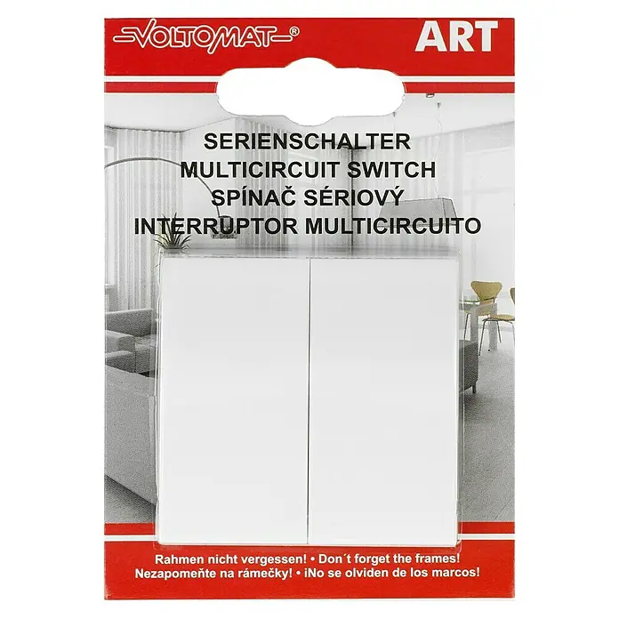 Voltomat ART Serienschalter - Alpinweiß, Kunststoff, 10 A - Bild eines "Voltomat Art" Serienschalters/Mehrfachschalters in einer Produktverpackung.