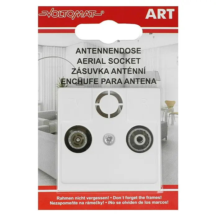 Voltomat ART Antennendose - Alpinweiß, 2-fach, Kunststoff - Nahaufnahme einer VOLTOMAT-Antennendose mit Hinweisen zum Rahmen.