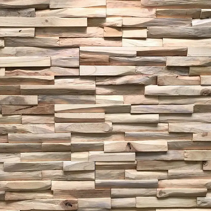 Panel de revestimiento Ultrawood Teca Benevento - 49,5 cm x 18 cm x 12,5 mm - Primer plano de un panel de pared texturizado hecho de madera clara, que muestra un elemento de diseño natural y rústico.