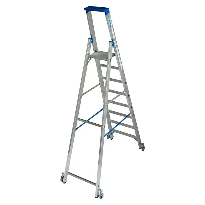 Krause Stabilo Stehleiter Fahrbar - Anzahl Tritte: 8 Stk., Arbeitshöhe: 3,9 m, Aluminium - Eine rollbare Stufenleiter von Krause, ideal für flexible Arbeiten. Die blaue Akzente bieten einen schönen Kontrast zum silbernen Aluminiumrahmen.
