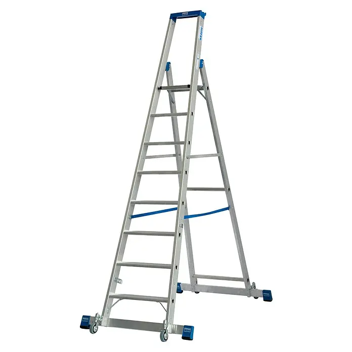 Krause Stabilo Stehleiter Fahrbar mit Traverse - Anzahl Tritte: 8 Stk., Arbeitshöhe: 3,9 m, Aluminium - Eine vielseitige Krause Treppe, perfekt für verschiedene Höhenarbeiten. Die robuste Konstruktion gewährleistet Sicherheit und Stabilität bei jeder Anwendung.