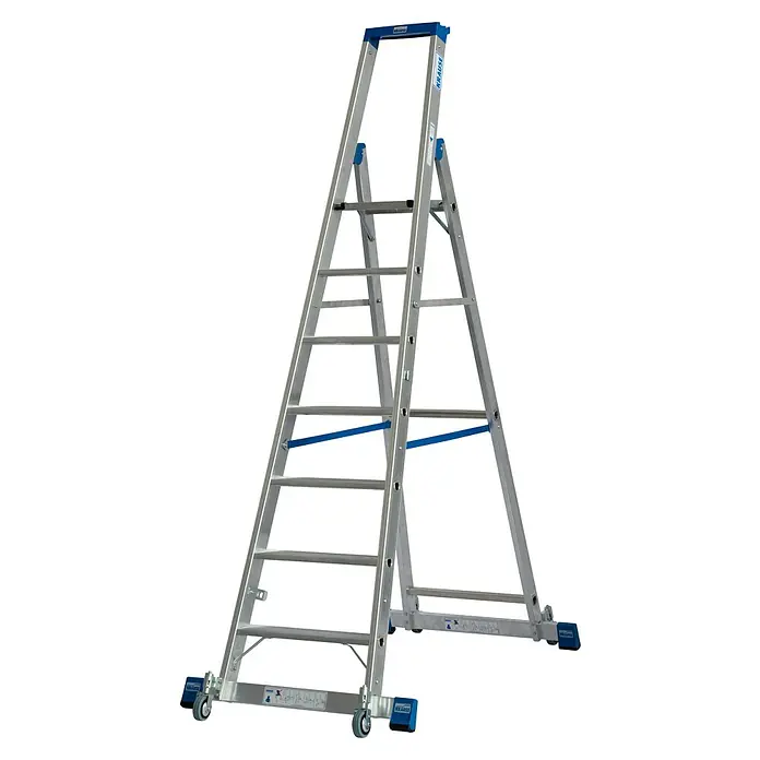 Krause Stabilo Stehleiter Fahrbar mit Traverse - Anzahl Tritte: 7 Stk., Arbeitshöhe: 3,65 m, Aluminium - Eine robuste Krause Treppe mit Rollen für den einfachen Transport und sicheren Stand bei Arbeiten in der Höhe.