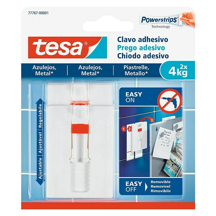 Tesa Clavo adhesivo ajustable - Blanco, Carga soportada: 4 kg, 2 ud. - Clavo adhesivo Tesa para azulejos y metal, 2 unidades, soporta hasta 4 kg. Fácil de montar sin taladro, removible y ajustable.