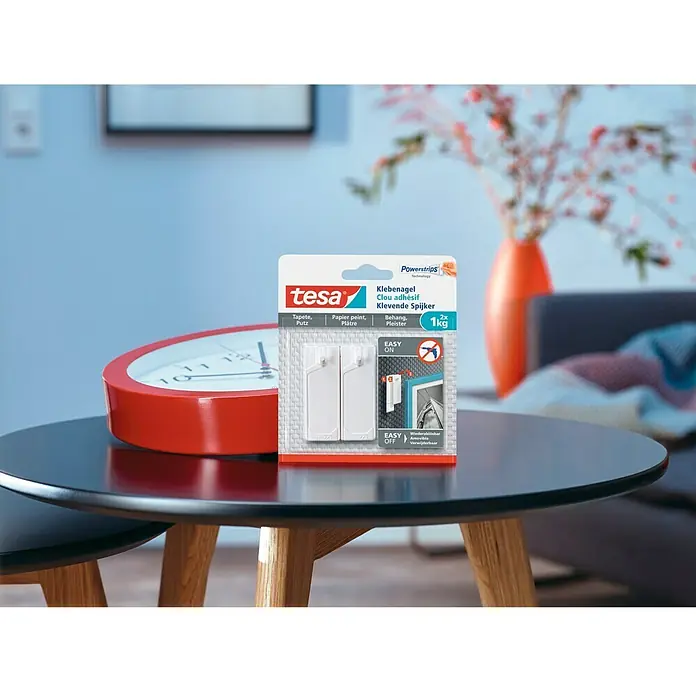 Tesa Clavo adhesivo - Blanco, Carga soportada: 0,5 kg, 2 ud., Paredes pintadas - Clavo adhesivo Tesa Powerstrips: Clavo adhesivo para colgar fácil y rápidamente sin taladrar ni golpear, ideal para superficies delicadas.