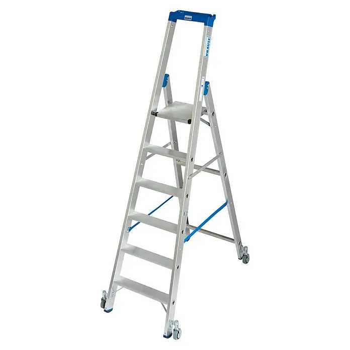 Krause Stabilo Stehleiter Fahrbar - Anzahl Tritte: 6 Stk., Arbeitshöhe: 3,4 m, Aluminium - Aluminium-Stufenleiter von Krause mit sechs Stufen, einer Plattform und blauen Akzenten für sicheren Stand bei Arbeiten in der Höhe.