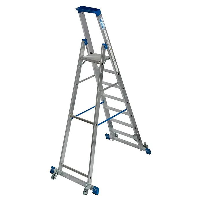 Krause Stabilo Stehleiter Fahrbar mit Traverse - Anzahl Tritte: 7 Stk., Arbeitshöhe: 3,65 m, Aluminium - Die Krause Treppe ist ein stabiles und vielseitiges Produkt für den professionellen und privaten Gebrauch. Ideal für Arbeiten in der Höhe.