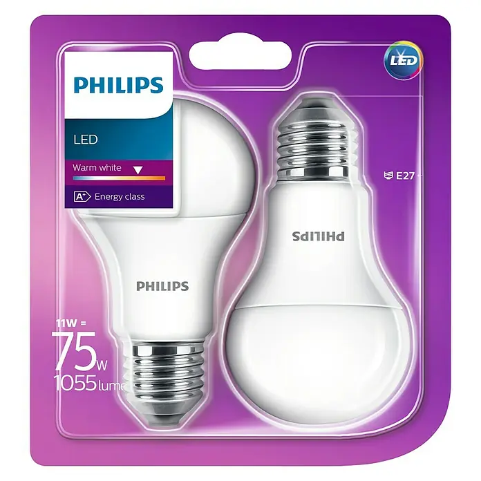 Philips Bombilla LED - E27, No regulable, Blanco cálido, 1.055 lm, 11 W - Paquete doble de bombillas LED Philips que proporciona luz blanca cálida, con calificación A+ para la eficiencia energética.