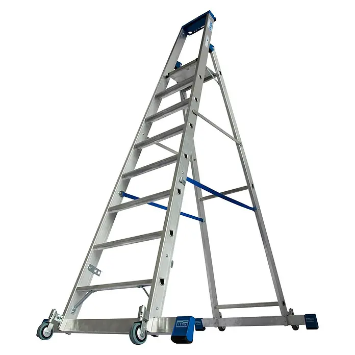 Krause Stabilo Stehleiter Fahrbar mit Traverse - Anzahl Tritte: 8 Stk., Arbeitshöhe: 3,9 m, Aluminium - Eine stabile, rollbare Krause Leiter mit breiten Stufen für sicheren Stand bei Arbeiten in der Höhe. Ideal für Handwerker und den professionellen Einsatz.