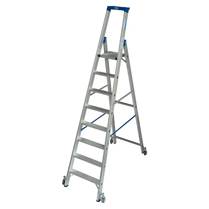 Krause Stabilo Stehleiter Fahrbar - Anzahl Tritte: 8 Stk., Arbeitshöhe: 3,9 m, Aluminium - Bild einer robusten Krause-Stufenleiter aus Aluminium, ideal für sichere und flexible Arbeiten in verschiedenen Höhen.
