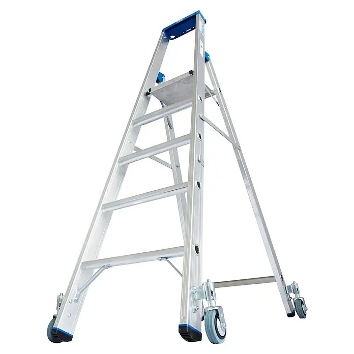 Krause Stabilo Stehleiter Fahrbar - Anzahl Tritte: 6 Stk., Arbeitshöhe: 3,4 m, Aluminium - Hier ist eine Mehrzweckleiter mit Rollen für einfachen Transport und festem Stand. Ideal für flexible Arbeiten in verschiedenen Höhen.