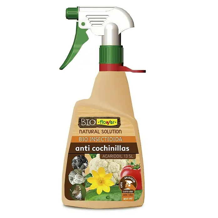 Flower Antiorugas biológico anti-cochinillas Bio - 450 ml - Imagen de un frasco rociador BIO-flower con bioinsecticida para el control de plagas.