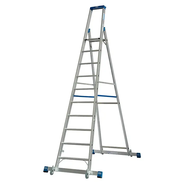 Krause Stabilo Stehleiter Fahrbar mit Traverse - Anzahl Tritte: 10 Stk., Arbeitshöhe: 4,35 m, Aluminium - Abgebildete ist eine silberne Klappleiter von Krause mit blauen Akzenten, die Stabilität und Sicherheit bei Arbeiten in der Höhe bietet.