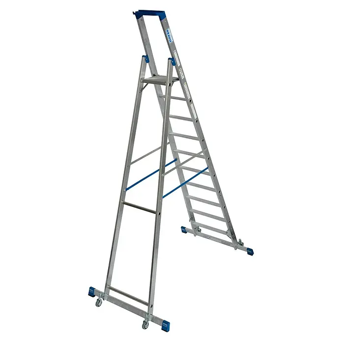 Krause Stabilo Stehleiter Fahrbar mit Traverse - Anzahl Tritte: 10 Stk., Arbeitshöhe: 4,35 m, Aluminium - Abgebildete Krause Treppendreh-Leiter mit Rollen, ideal für Arbeiten in der Höhe, die Flexibilität und sicheren Stand erfordern.