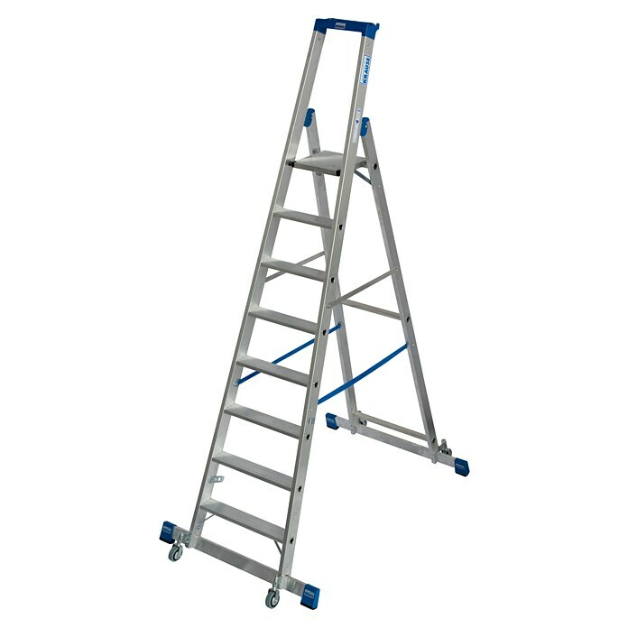 Krause Stabilo Stufenstehleiter Fahrbar mit Traverse (Arbeitshöhe: 3,9 m, Anzahl Tritte: 8 Stufen, Tiefe Stufen: 80 mm, Aluminium, Fahrbar)