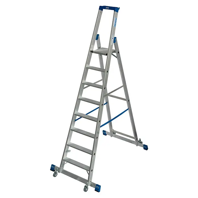 Krause Stabilo Stehleiter Fahrbar mit Traverse - Anzahl Tritte: 8 Stk., Arbeitshöhe: 3,9 m, Aluminium - Eine vielseitige Krause Treppe, ideal für verschiedene Aufgaben. Die robuste Bauweise und die rutschfesten Stufen sorgen für Sicherheit beim Arbeiten.
