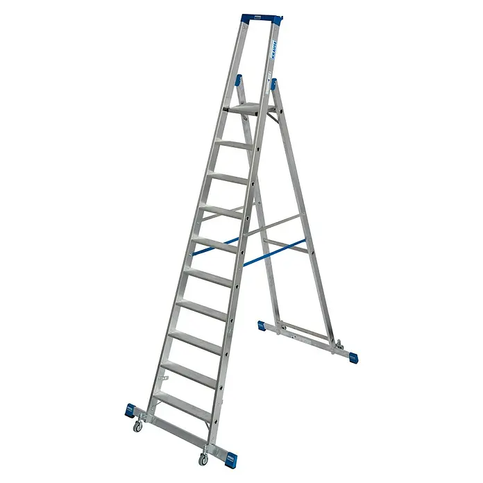 Krause Stabilo Stehleiter Fahrbar mit Traverse - Anzahl Tritte: 10 Stk., Arbeitshöhe: 4,35 m, Aluminium - Bild einer silbernen Krause-Leiter mit blauen Akzenten, die für sicheres Arbeiten in verschiedenen Höhen sorgt.\n