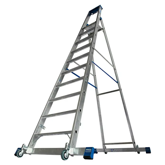 Krause Stabilo Stehleiter Fahrbar mit Traverse - Anzahl Tritte: 10 Stk., Arbeitshöhe: 4,35 m, Aluminium - Krause Fahrgerüst: Eine robuste und vielseitige Aluminiumkonstruktion mit Rollen für einfache Mobilität und sicheres Arbeiten in der Höhe.