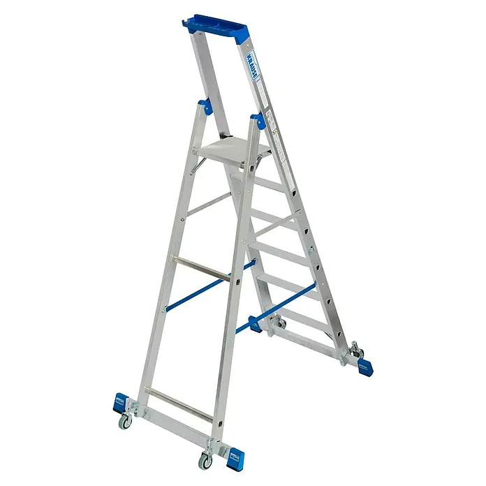 Krause Stabilo Stehleiter Fahrbar mit Traverse - Anzahl Tritte: 6 Stk., Arbeitshöhe: 3,4 m, Aluminium - Bild einer Krause-Aluminiumleiter mit blauen Akzenten, die Stabilität und Komfort für verschiedene Aufgaben bietet.