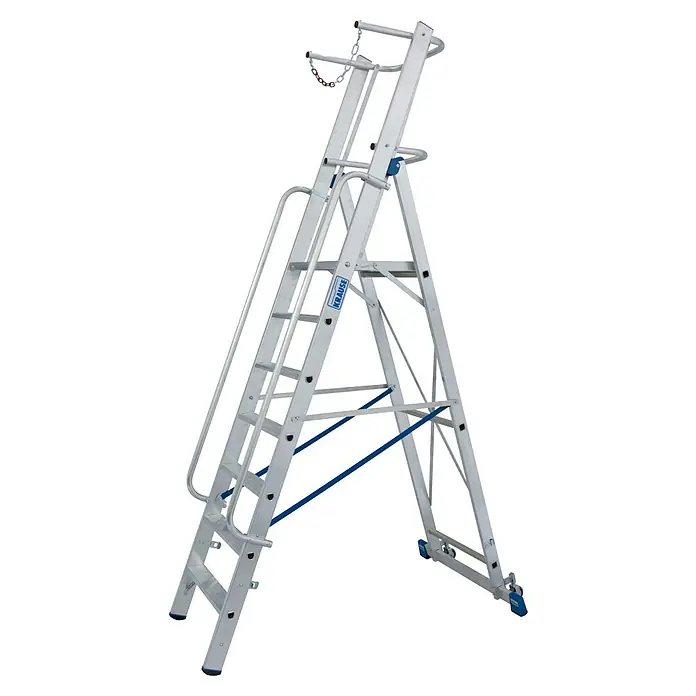 Krause Stabilo Stehleiter - Anzahl Tritte: 7 Stk., Arbeitshöhe: 3,65 m, Aluminium, Sicherheitsbügel - Aluminium-Leiter mit Handlauf und Rollen für sicheren Stand und einfachen Transport auf Baustellen.