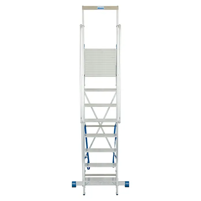 Krause Stabilo Stehleiter - Anzahl Tritte: 8 Stk., Arbeitshöhe: 3,9 m, Aluminium, Handläufe - Das Bild zeigt eine KRAUSE Treppe mit mehreren Stufen und einer Plattform. Die Treppe ist aus Aluminium gefertigt und hat blaue Elemente.