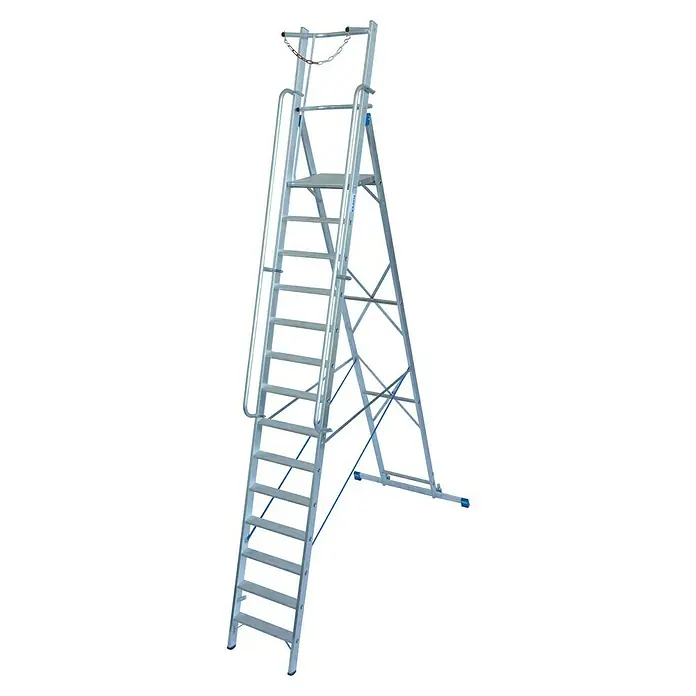 Krause Stabilo Stehleiter - Anzahl Tritte: 14 Stk., Arbeitshöhe: 5,3 m, Aluminium, Sicherheitsbügel - Das Bild zeigt eine freistehende, silberfarbene Arbeitsplattform-Leiter von Krause. Ideal für sichere Arbeiten in der Höhe.