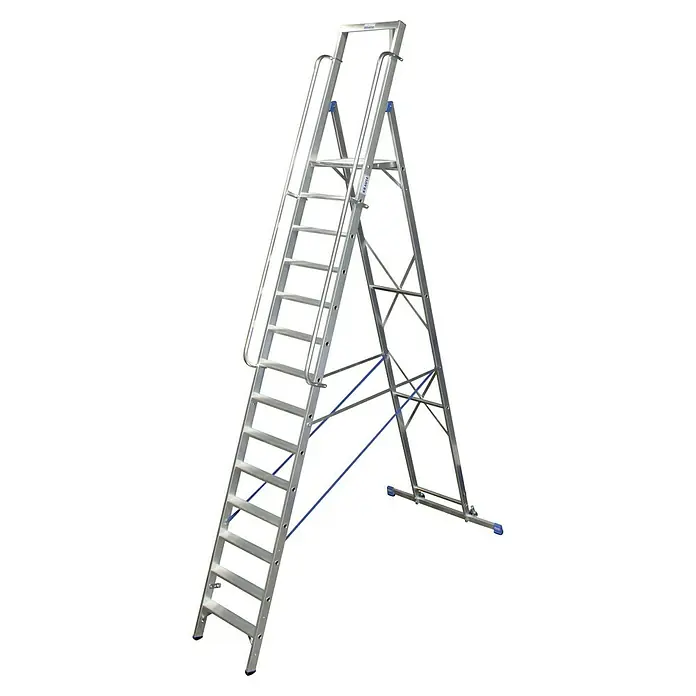 Krause Stabilo Stehleiter - Anzahl Tritte: 14 Stk., Arbeitshöhe: 5,3 m, Aluminium, Handläufe - Freistehende Aluminium-Treppenleiter mit Handlauf und breiten Stufen für sicheren Stand und komfortablen Aufstieg.