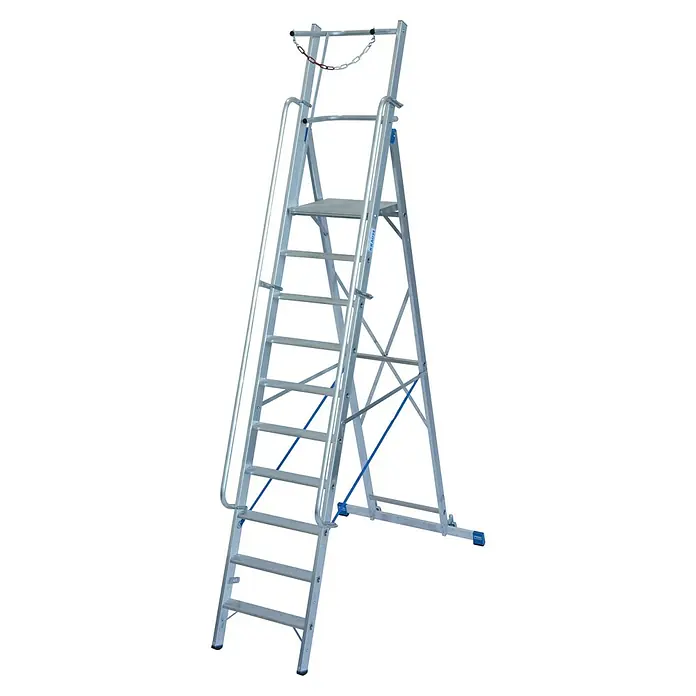 Krause Stabilo Stehleiter - Anzahl Tritte: 10 Stk., Arbeitshöhe: 4,35 m, Aluminium, Sicherheitsbügel - Das Bild zeigt eine robuste Krause Treppenpodestleiter aus Aluminium, ideal für sichere Arbeiten in der Höhe.