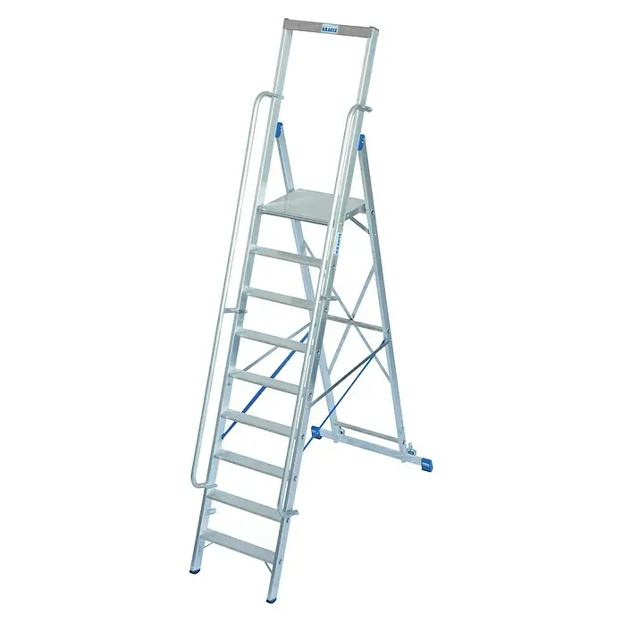 Krause Stabilo Stehleiter - Anzahl Tritte: 9 Stk., Arbeitshöhe: 4,1 m, Aluminium, Handläufe - Bild einer Krause-Stufenleiter aus Aluminium mit Handlauf. Diese Leiter bietet einen sicheren Aufstieg und Stand für Arbeiten in der Höhe.