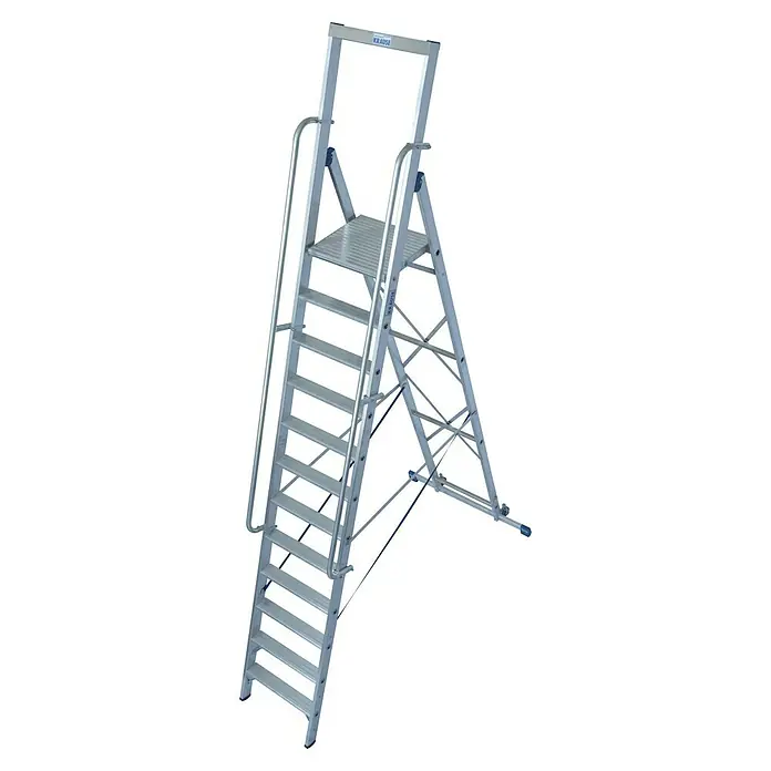 Krause Stabilo Stehleiter - Anzahl Tritte: 12 Stk., Arbeitshöhe: 4,8 m, Aluminium, Handläufe - Eine robuste Krause Leiter mit Plattform, ideal für sichere Arbeiten in der Höhe, bietet Stabilität und Komfort.