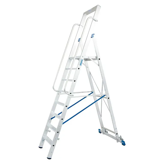 Krause Stabilo Stehleiter - Anzahl Tritte: 8 Stk., Arbeitshöhe: 3,9 m, Aluminium, Handläufe - Leiter: Die weiße Krause Leiter mit blauen Akzenten ist ein praktisches Werkzeug für Arbeiten in der Höhe. Robuste Bauweise für Sicherheit.