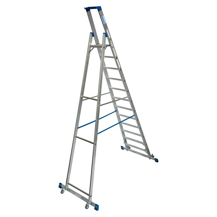 Krause Stabilo Stufenstehleiter Fahrbar mit Traverse (Arbeitshöhe: 4,8 m, Anzahl Tritte: 12 Stufen, Tiefe Stufen: 80 mm, Aluminium, Fahrbar)