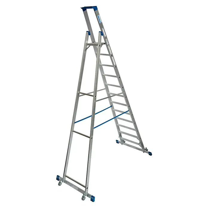 Krause Stabilo Stehleiter Fahrbar mit Traverse - Anzahl Tritte: 12 Stk., Arbeitshöhe: 4,8 m, Aluminium - Das Bild zeigt eine Krause Treppenturm-Leiter aus Aluminium mit blauen Akzenten und Rollen für den einfachen Transport.