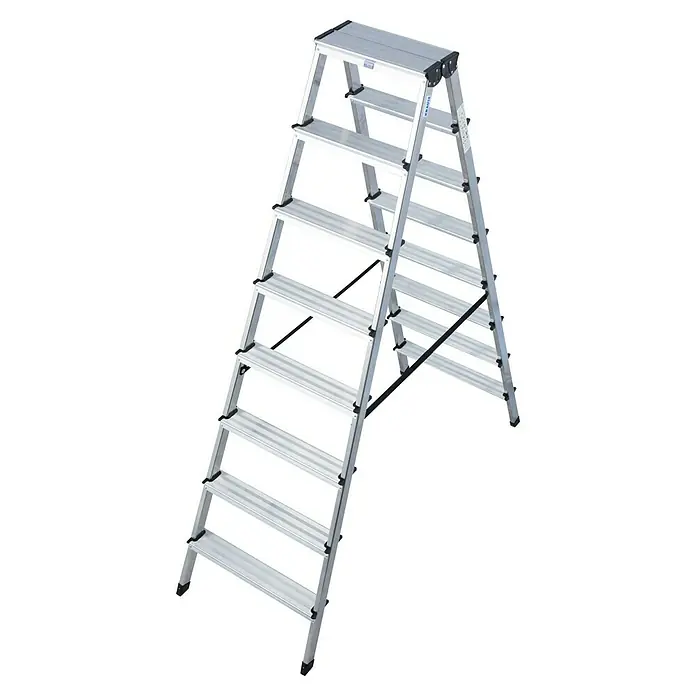 Krause Monto Doppel-Stehleiter Dopplo - Arbeitshöhe: 3,3 m, Anzahl Tritte: 16 Stk., Belastbarkeit: 150 kg, Aluminium - Silberne Haushaltsleiter mit sieben Stufen. Die Leiter verfügt über eine breite Trittfläche für sicheren Stand und ist leicht verstaubar.