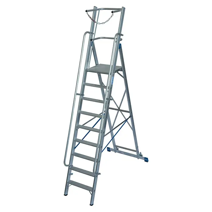 Krause Stabilo Stehleiter - Anzahl Tritte: 9 Stk., Arbeitshöhe: 4,1 m, Aluminium, Sicherheitsbügel - Ein stabiles Alu-Treppengerüst mit breiten Stufen für sicheren Stand und komfortables Arbeiten in verschiedenen Höhen. Ideal für Profis.