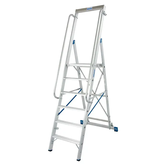 Krause Stabilo Stehleiter - Anzahl Tritte: 6 Stk., Arbeitshöhe: 3,4 m, Aluminium, Handläufe - Das Bild zeigt eine KRAUSE Treppe aus Aluminium mit sechs Stufen und einem Haltegriff. Die Treppe ist stabil und sicher.