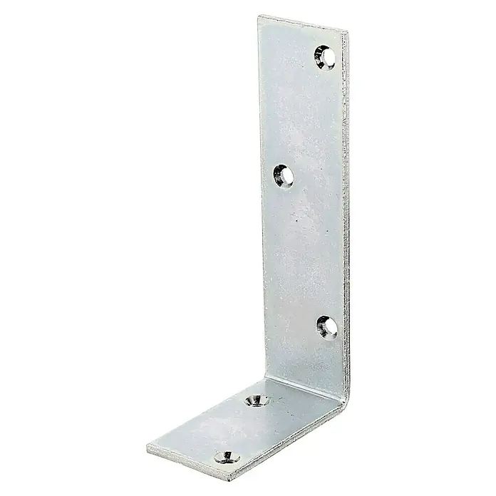 Stabilit Schwere Winkel - 75 x 40 x 150 mm, Stärke: 5 mm - Nahaufnahme einer silbernen Winkelstütze mit mehreren Schraubenlöchern, ideal für Möbelbau und Heimwerkerprojekte.